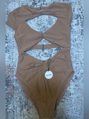 Andrea Iyamah Tan Cutout One-Piece Swimsuit